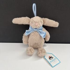 Jellycat Bashful Beige Bunny Hanging Decoration Blue Velvet Bow Soft Plush Toy